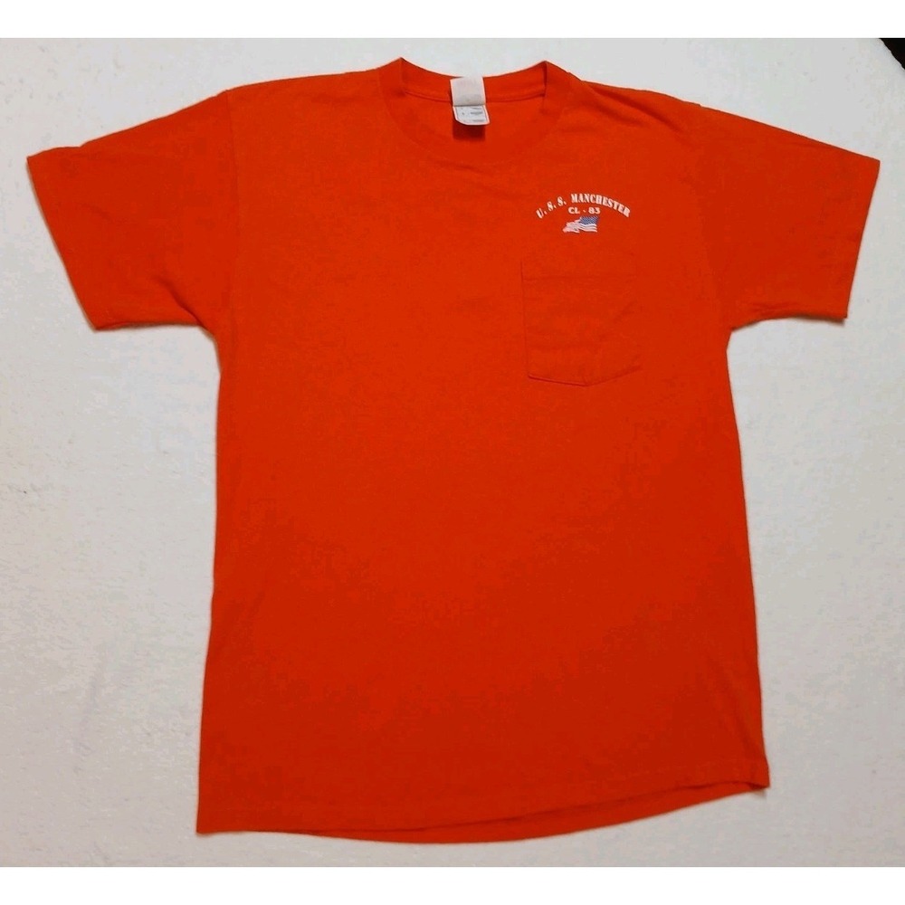 Vintage Y2K USS Manchester CL-83 Navy Reunion Pocket T Shirt Large Orange 2003